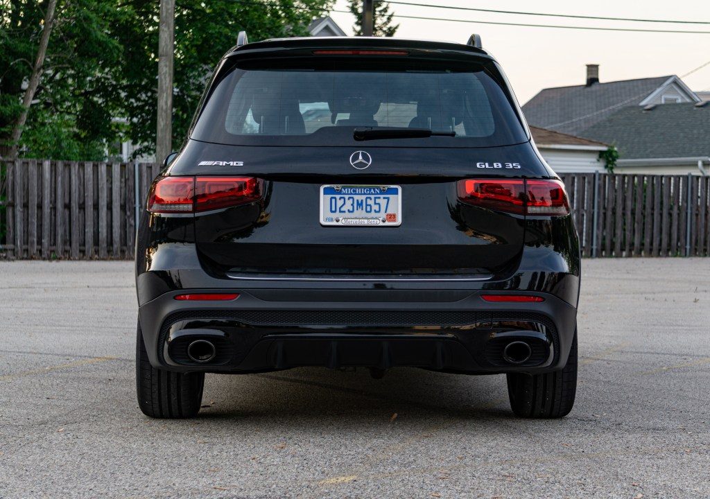 The rear view of a black 2021 Mercedes-AMG GLB in a parking lot