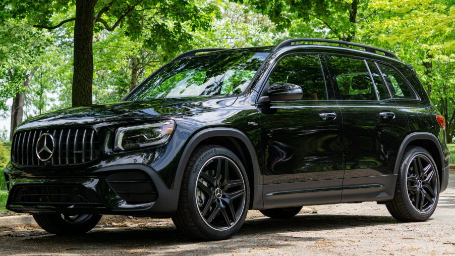 A black 2021 Mercedes-AMG GLB 35 in a forest parking lot