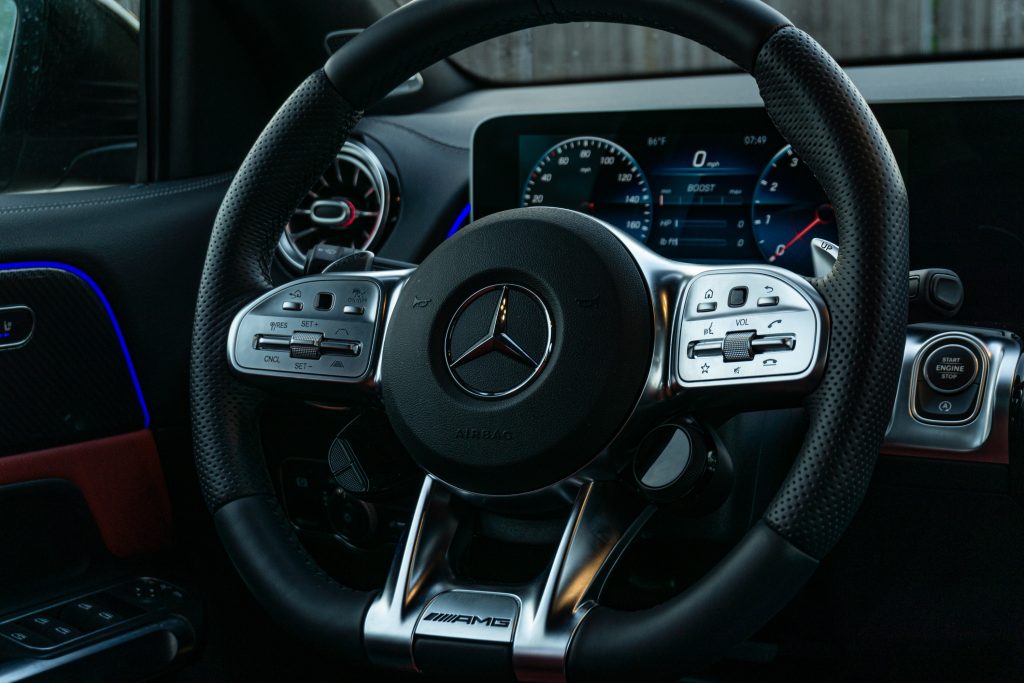 The squared-off 2021 Mercedes-AMG GLB 35's steering wheel with optional AMG Drive Unit