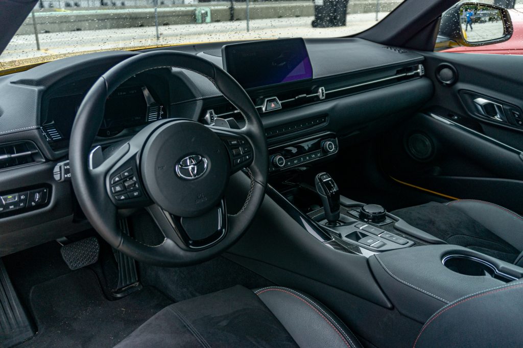 The black interior of a 2021 Toyota GR Supra 2.0