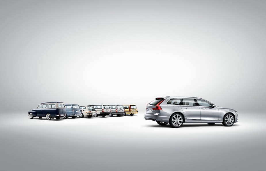 This is a publicity shot of the canceled 2021 Volvo V90 station wagon and its predecessors.