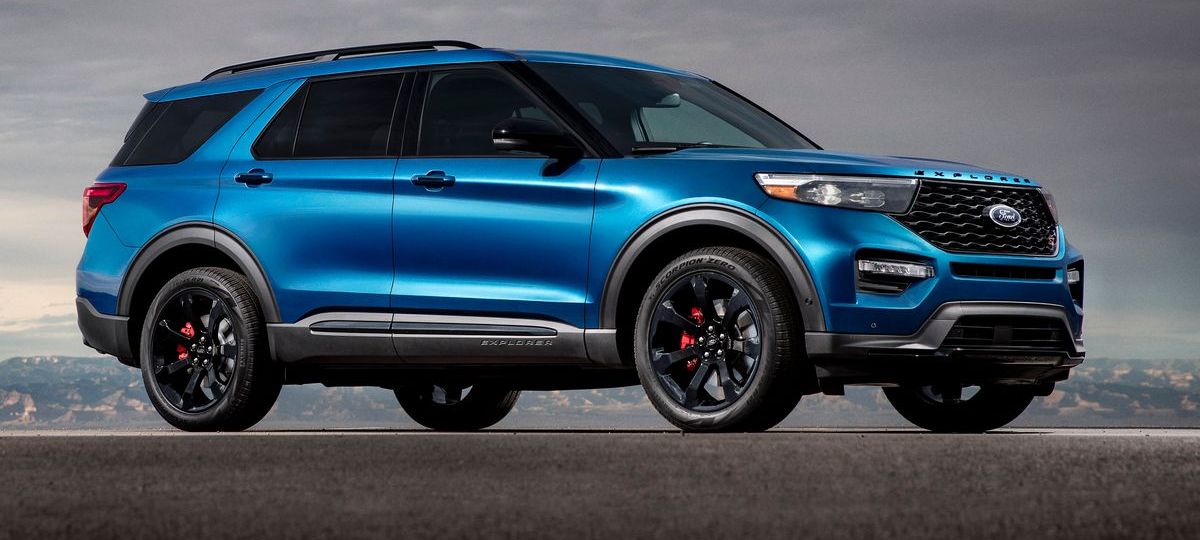 A blue 2021 Ford Explorer SUV, the Electric EV version is delayed unitil 2024 because of the Mustang Mach-E demand.