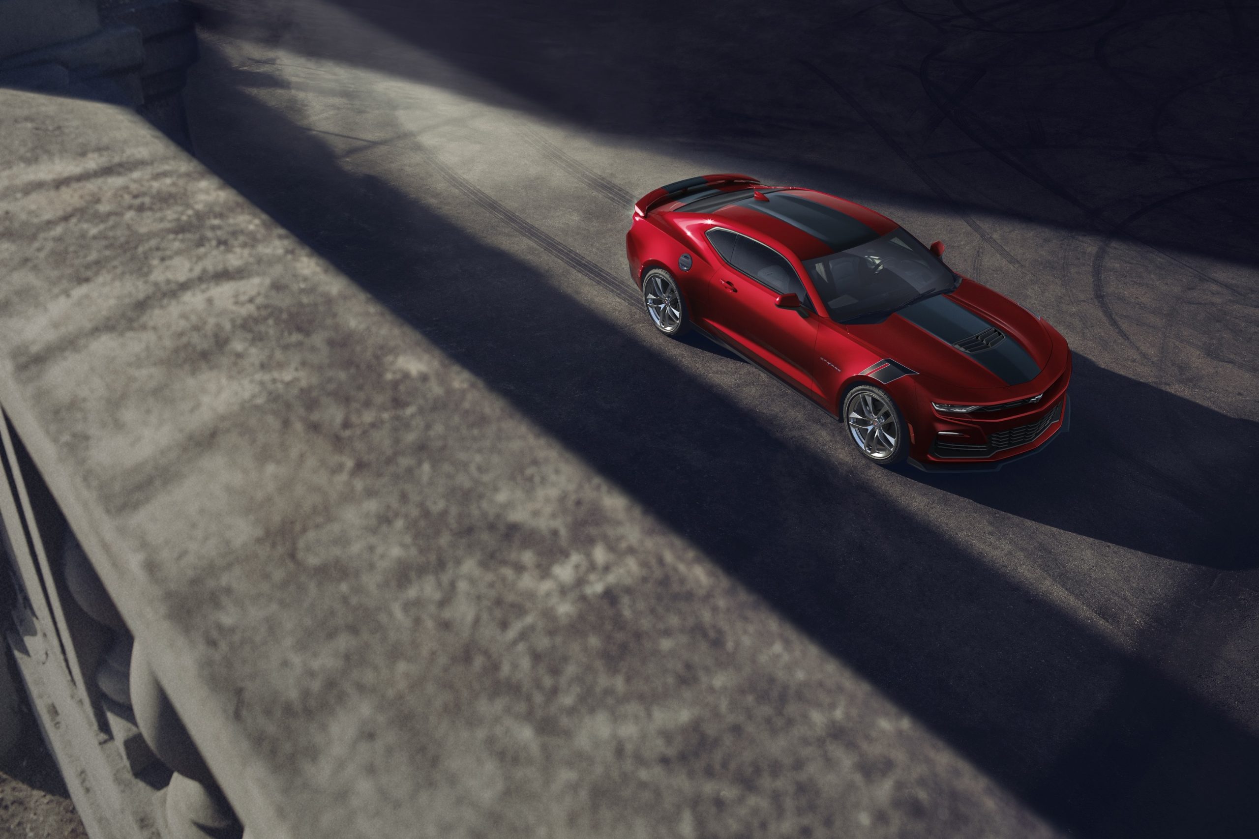 A 2022 Chevrolet Camaro SS in red shot from above