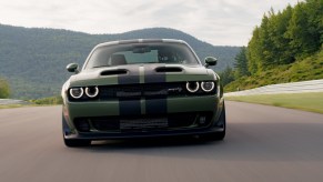 2022 Dodge Challenger SRT Hellcat Widebody, shown here in F8 Green with dual carbon stripes