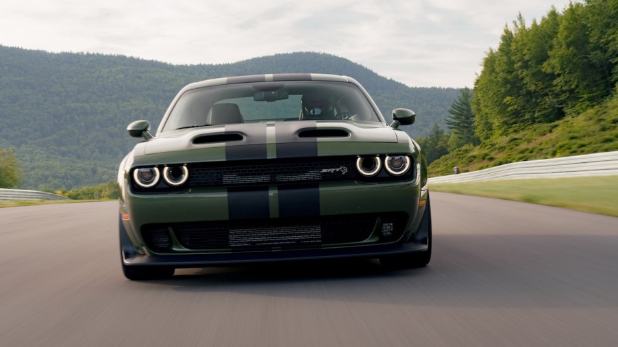 2022 Dodge Challenger SRT Hellcat Widebody, shown here in F8 Green with dual carbon stripes