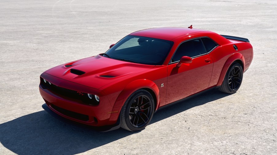 Promo photo of a red 2021 Challenger Scat Pack widebody edition