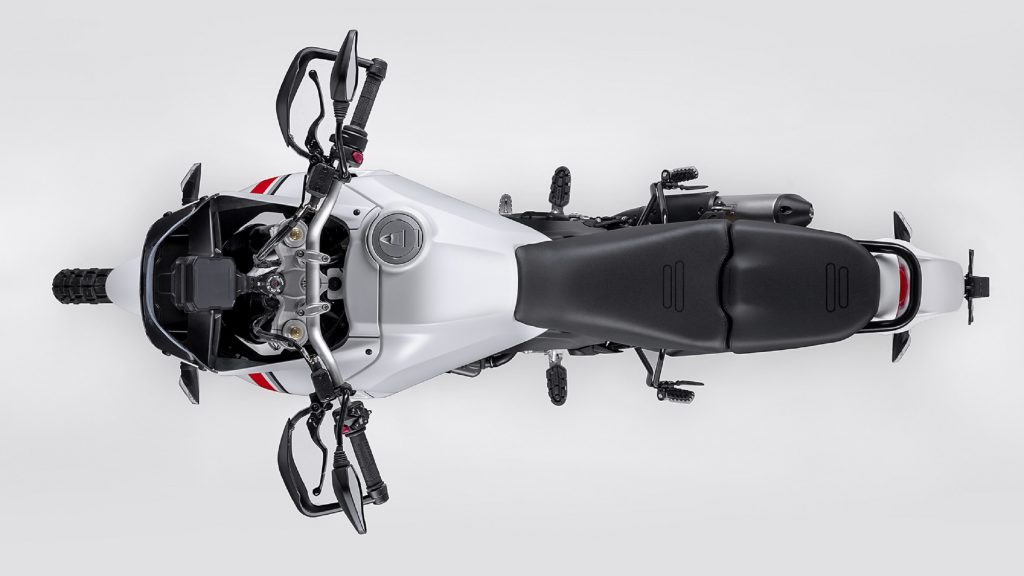 An overhead view of a white-and-red 2022 Ducati DesertX