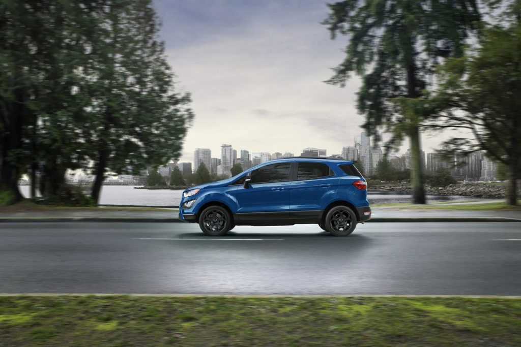 A blue 2022 Ford EcoSport, one of the least satisfying SUVs and crossovers, according to Consumer Reports.