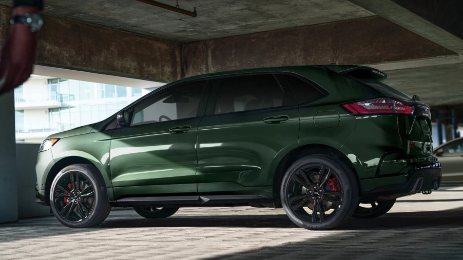 A green 2022 Ford Edge ST, the performance model of the midsize crossover SUV.