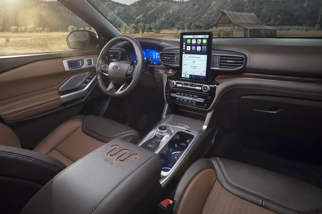 The interior of a 2022 Ford Explorer King Ranch featuring Del Rio leather seats and handstitched King Ranch logos, not to mention all the features and technology, but is it really worth $54K?