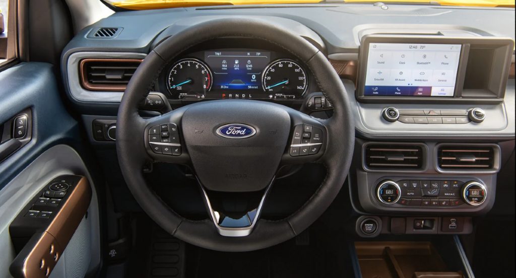  The interior of a 2022 Ford Maverick.