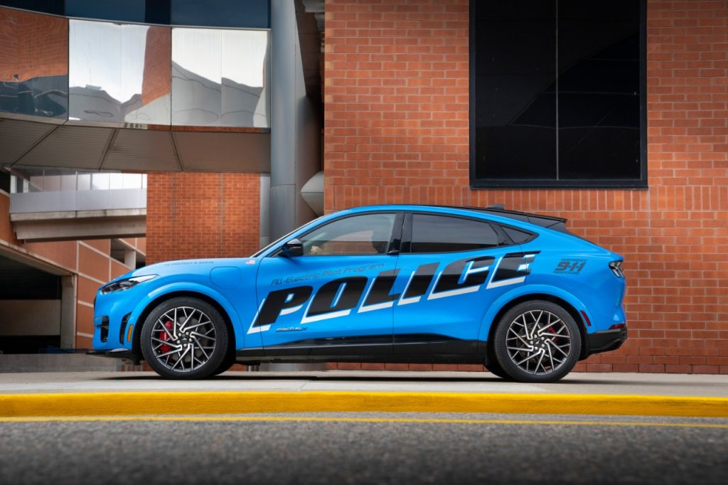 A blue 2022 Ford Mustang Mach-E GT electric police car, NYC spent $11.4 million on 184 units