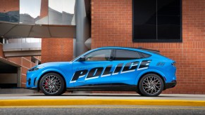 A blue 2022 Ford Mustang Mach-E GT electric police car, NYC spent $11.4 million on 184 units