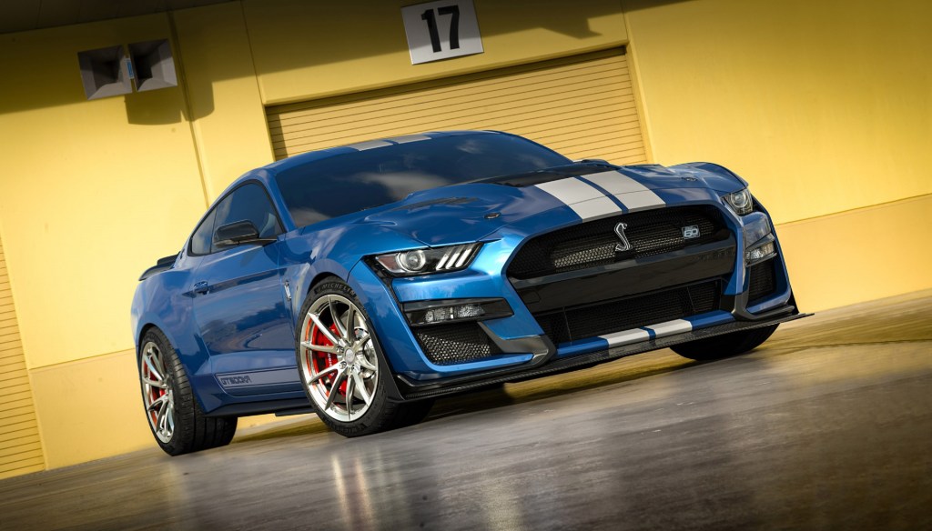 A blue-with-silver-stripes 2022 Ford Mustang Shelby GT500KR