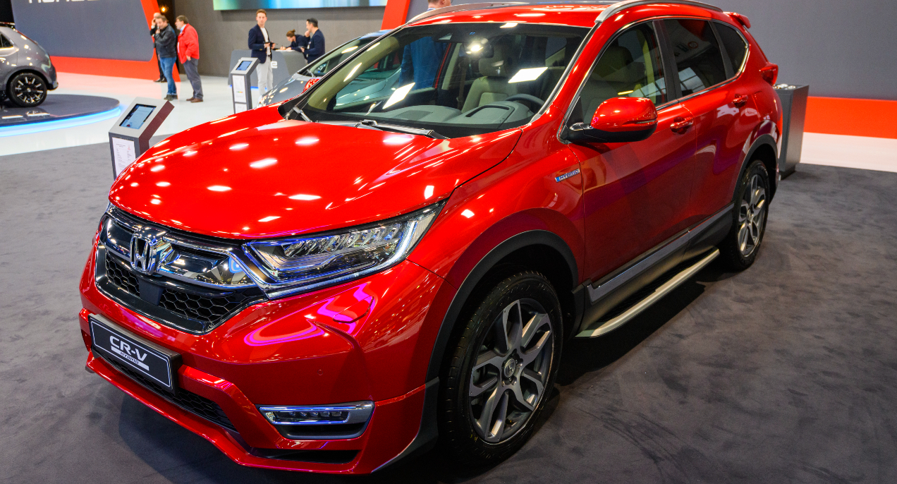 A red 2022 Honda CR-V is on display