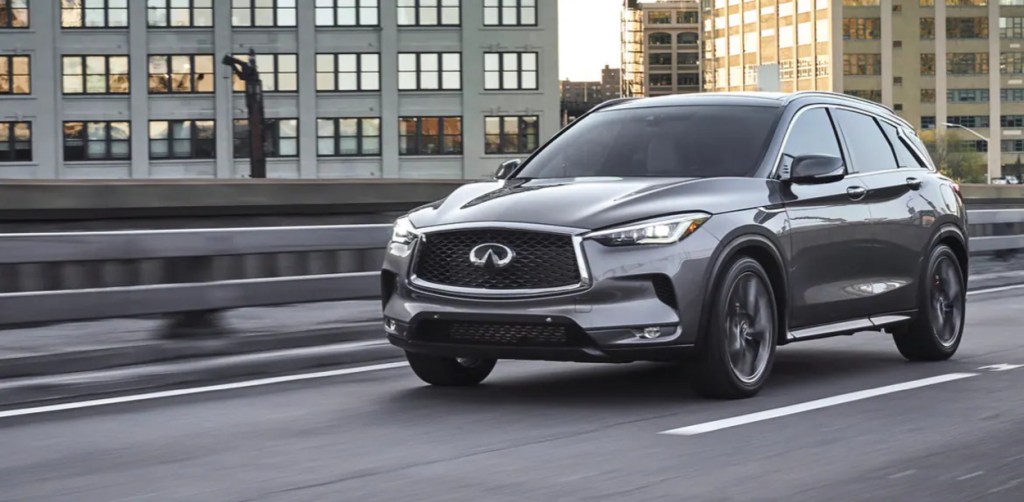 A gray 2022 Infiniti QX50, one of the least satisfying SUVs and crossovers, according to Consumer Reports.