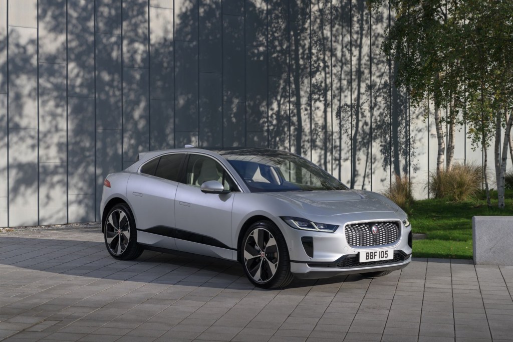 The 2022 Jaguar I-Pace electric compact SUV with the Indus Silver paint color option
