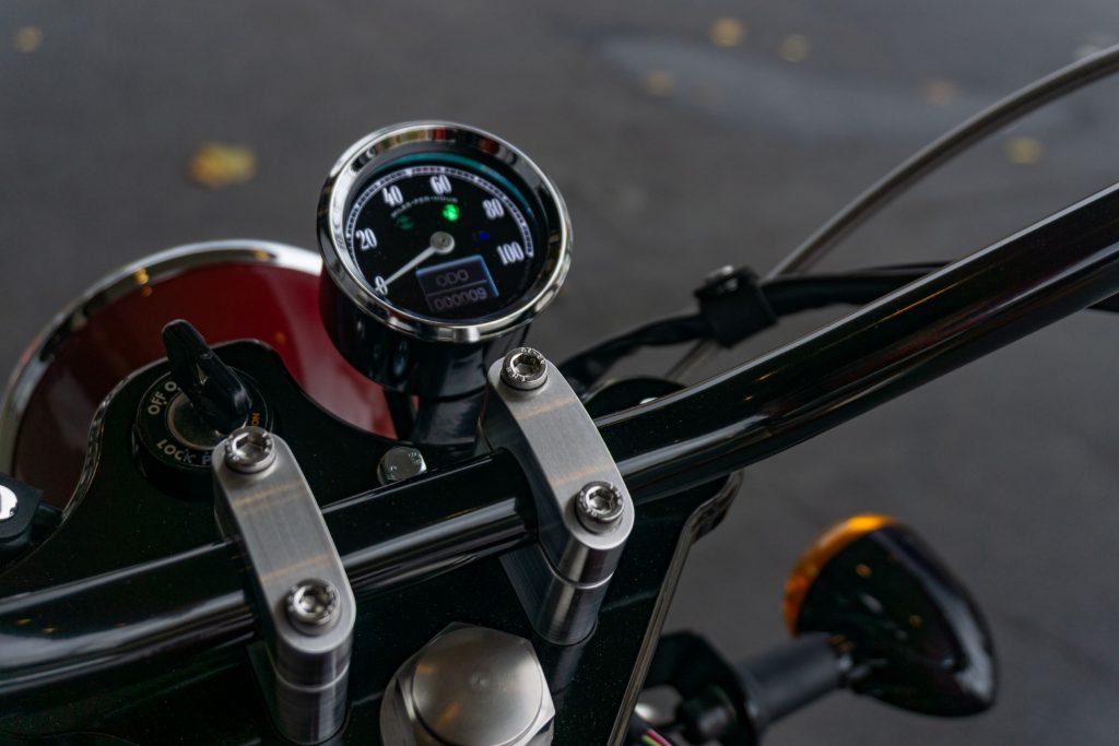 The close-up view of a 2022 Janus Halcyon 250's speedometer