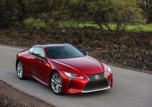 A 2022 Lexus LC grand tourer fastback coupe model with a red paint color option
