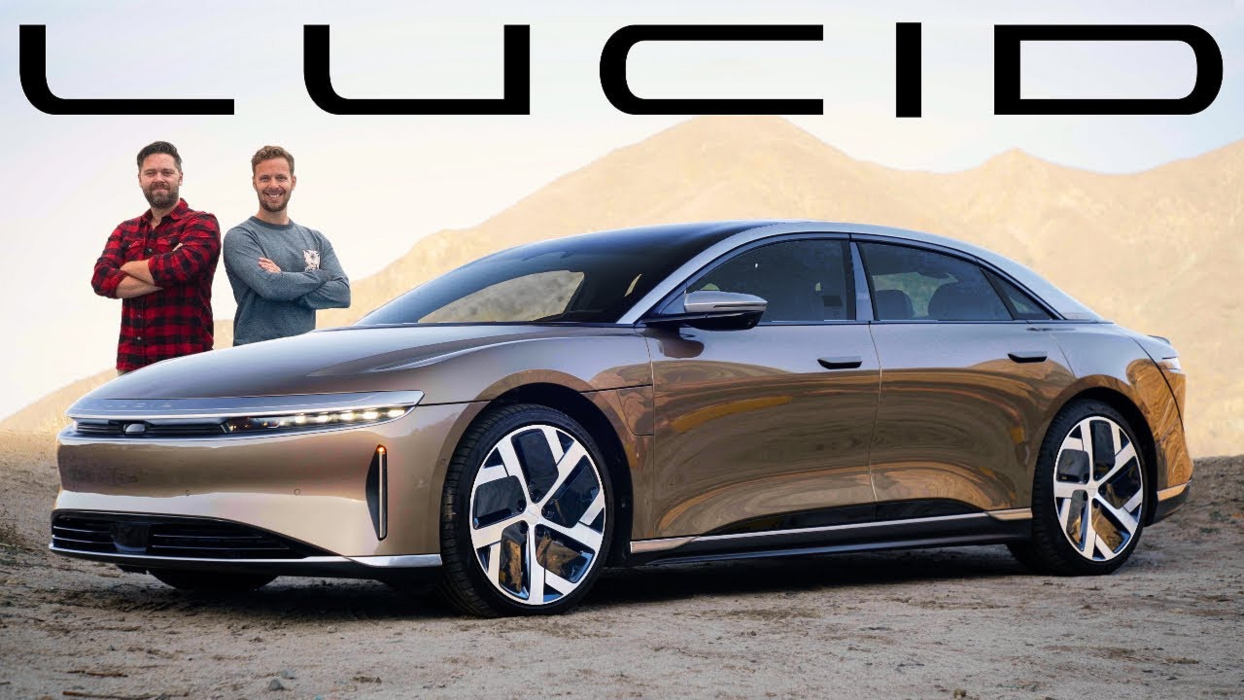 The Throttle House hosts with a golden 2022 Lucid Air Dream Edition P