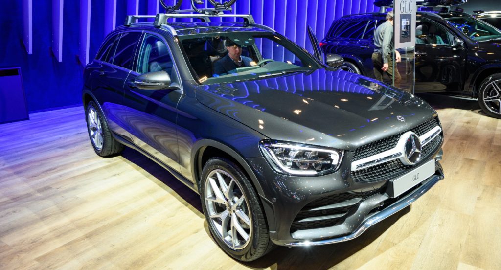 A gray 2022 Mercedes-Benz GLC Class is on display.