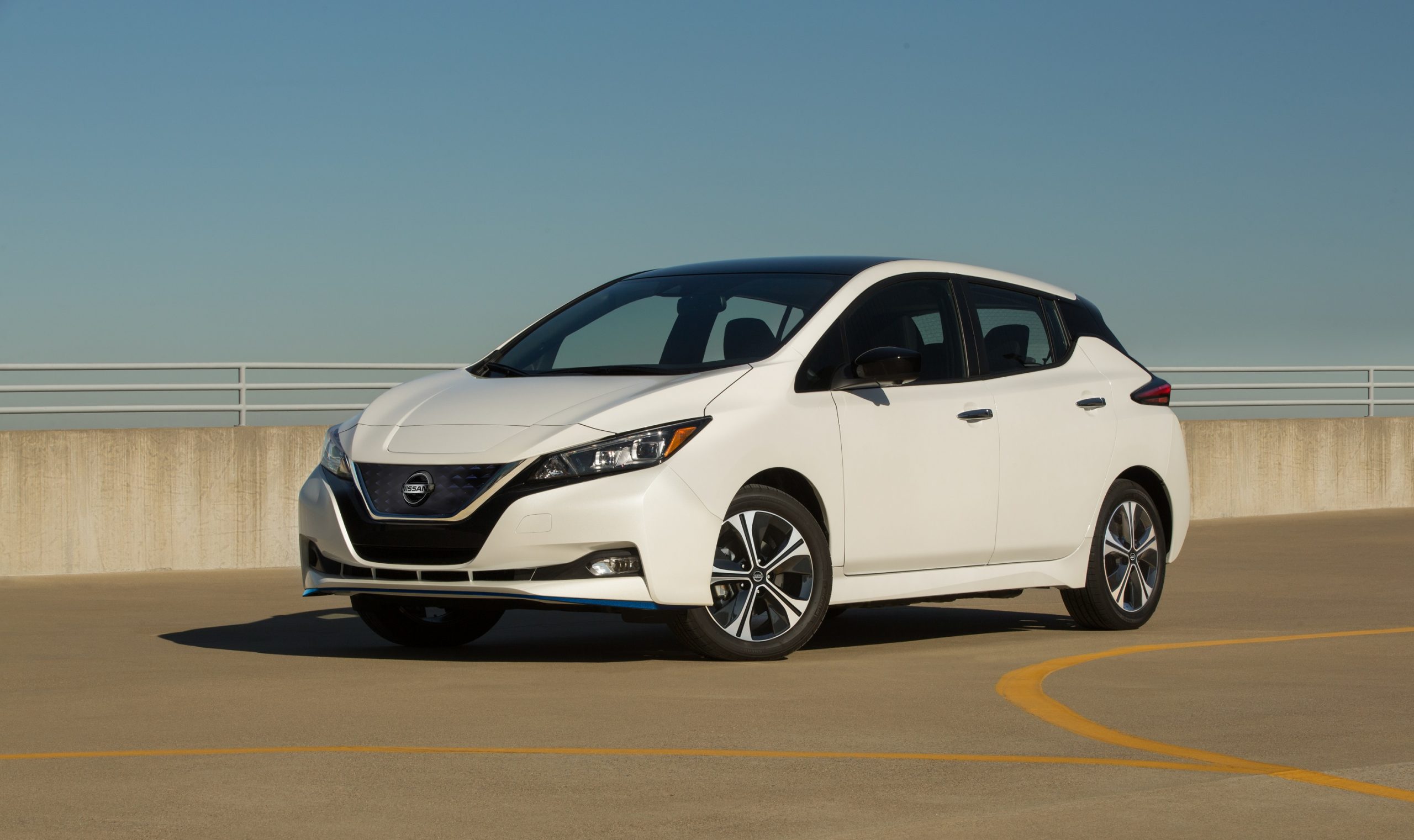 The Nissan Leaf, one of the best EV new cars on the market, shot from the front 3/4