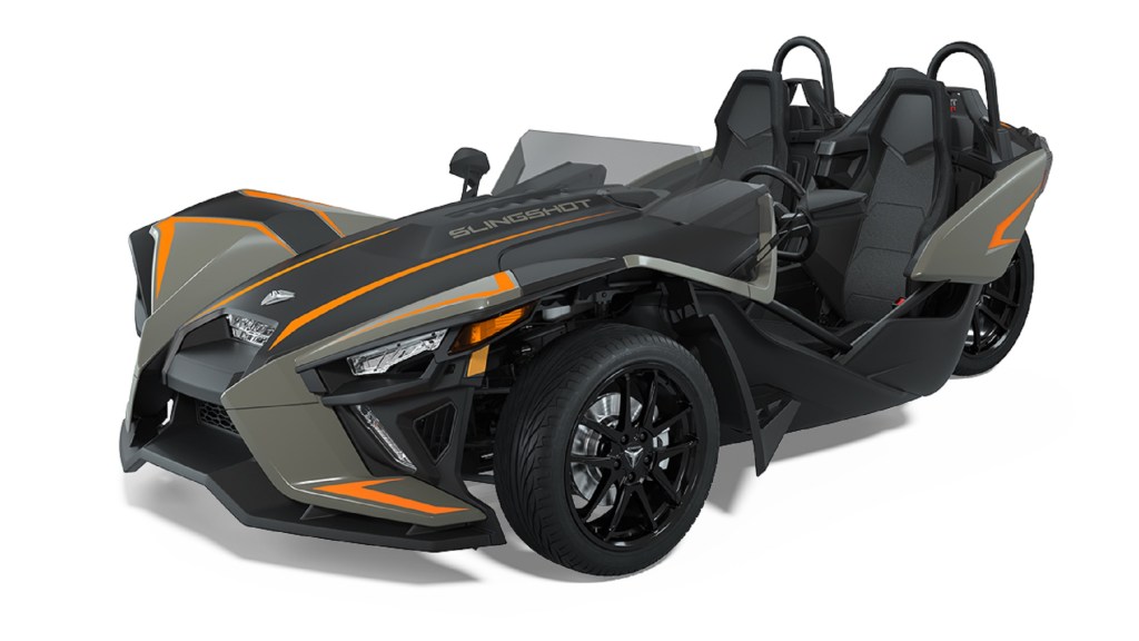A gray-black-and-orange 2022 Polaris Slingshot SLR