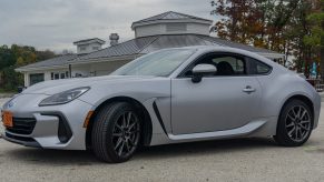 The side 3/4 view of a silver 2022 Subaru BRZ at Road America