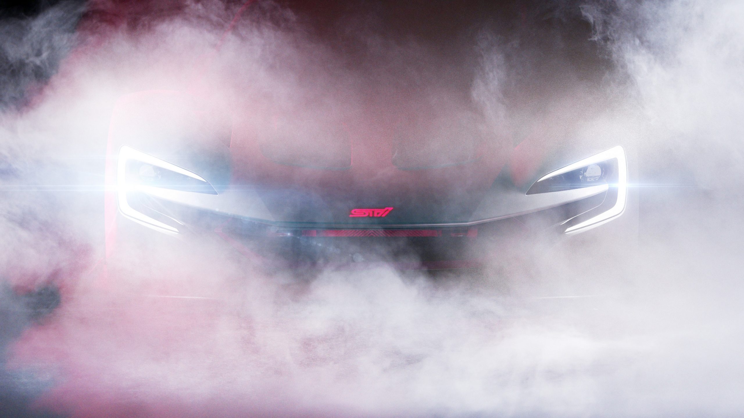 The Subaru WRX STI E-RA concept car shot from the front through heavy fog