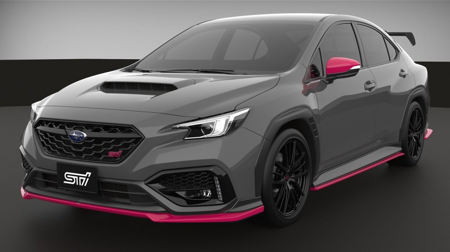 The 2022 Subaru WRX STI S4 concept car in grey shot from the front 3/4