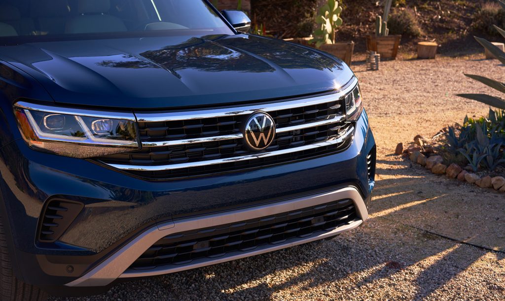The front end of a 2022 Volkswagen Atlas SUV parked during the day, how much does a fully loaded one cost?