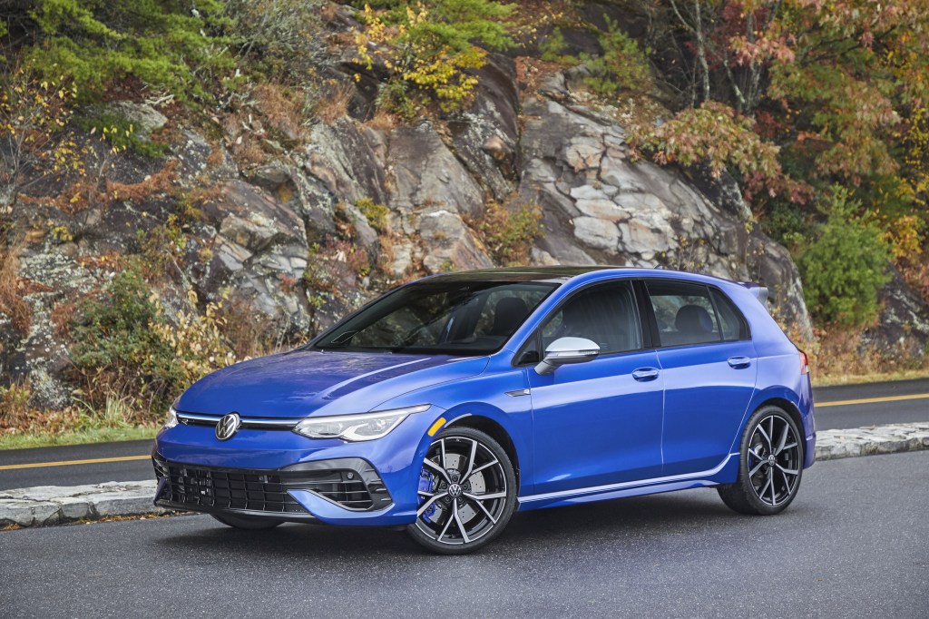 A blue 2022 Volkswagen Golf R parked, VW is a top 10 car brand for 2022