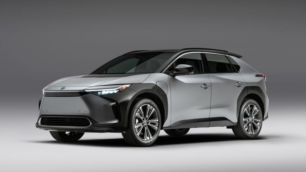 2022 Toyota bZ4X on a black background, the electric vehicle will share its name with future Toyota EV models, costing $70 billion.