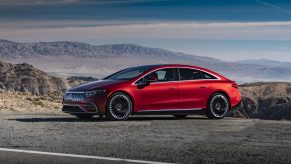 A red 2022 Mercedes-Benz EQS EV luxury car