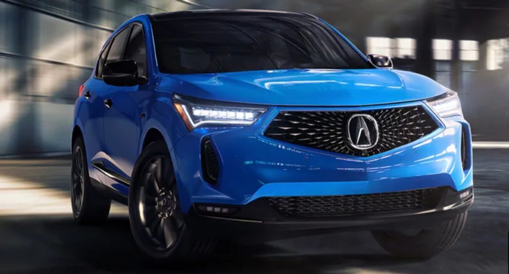 A blue 2022 Acura RDX is on display.
