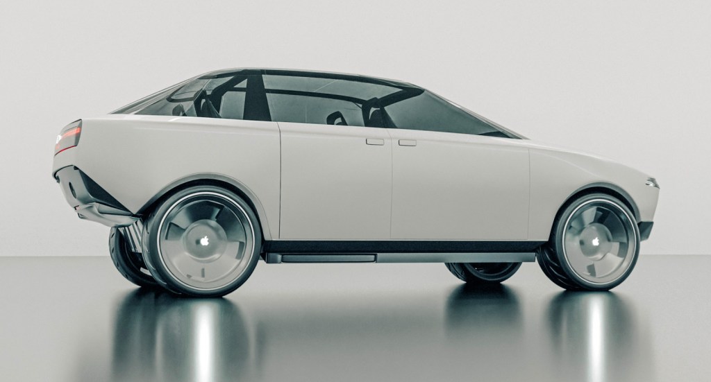 A rendering of a white Apple Car against a white background.