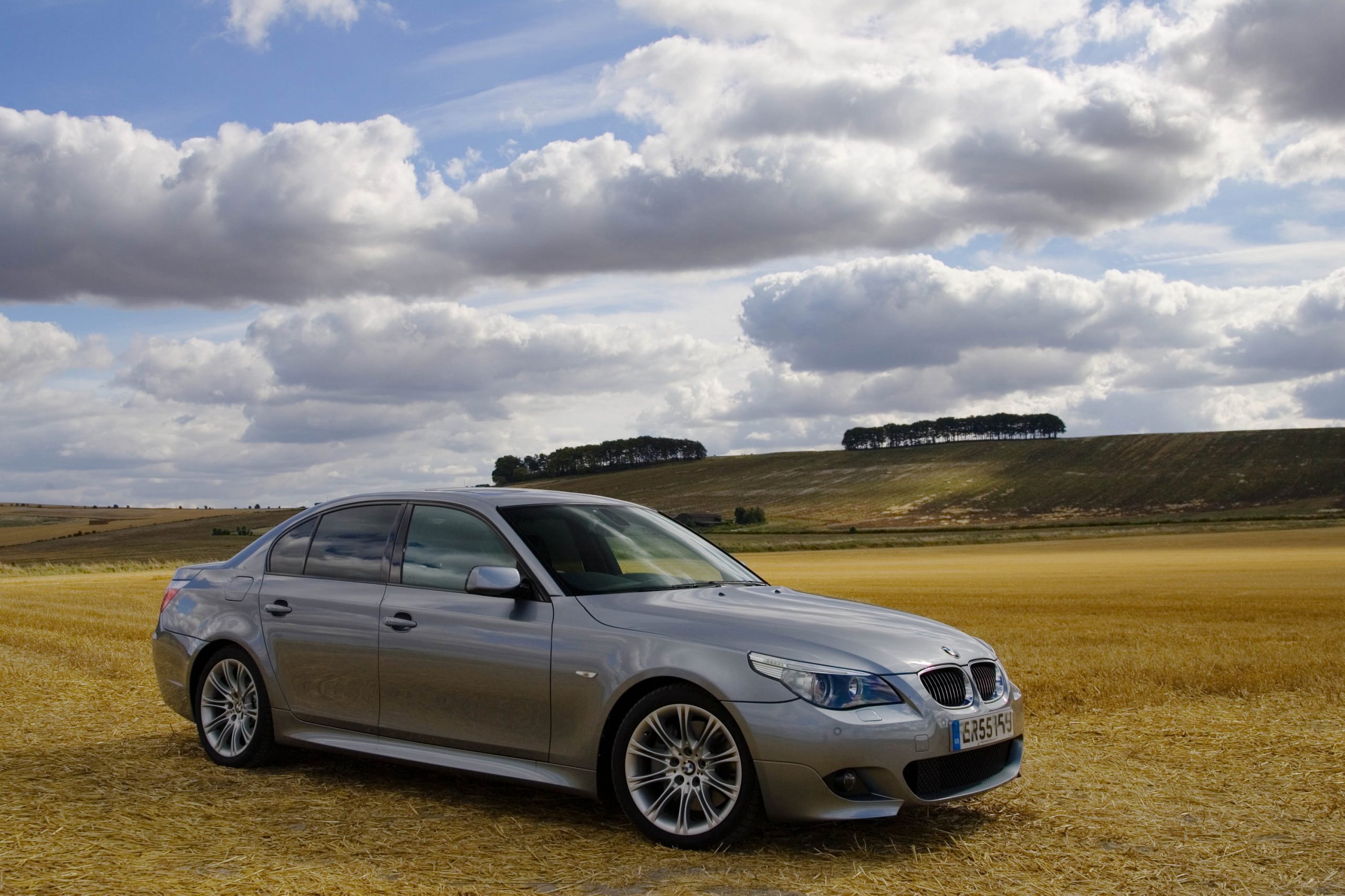 A BMW 550i sedan shot in a field