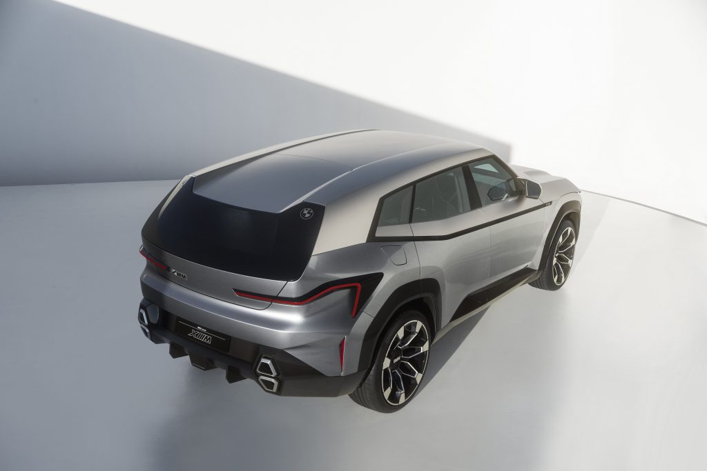 An overhead rear 3/4 view of the gray BMW Concept XM