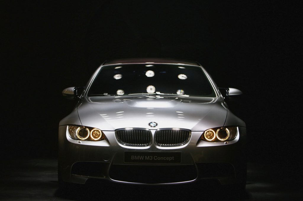 The shadowy front end of an E92 generation BMW M3