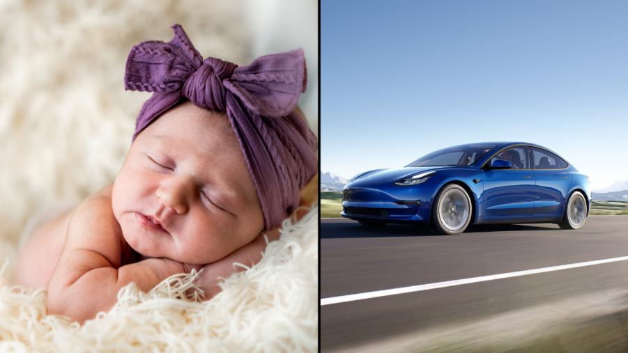 Baby and Tesla Model 3, highlighting story of baby born in Model 3 with help of Autopilot feature