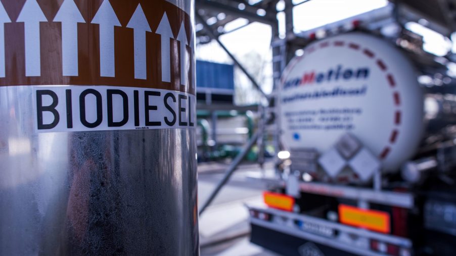 Biodiesel container, competitor of diesel, in a factory loading environment.