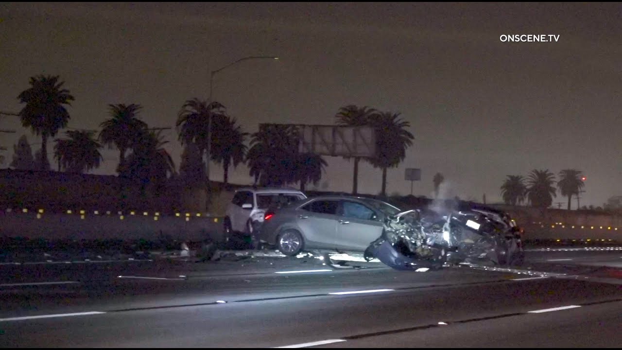 Cars piled up after multiple cars hit a stranded car on the California highway