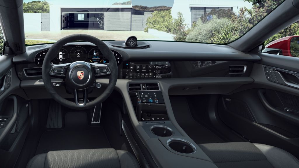 Dashboard and front seats in a fully loaded new 2022 Porsche Taycan Turbo S