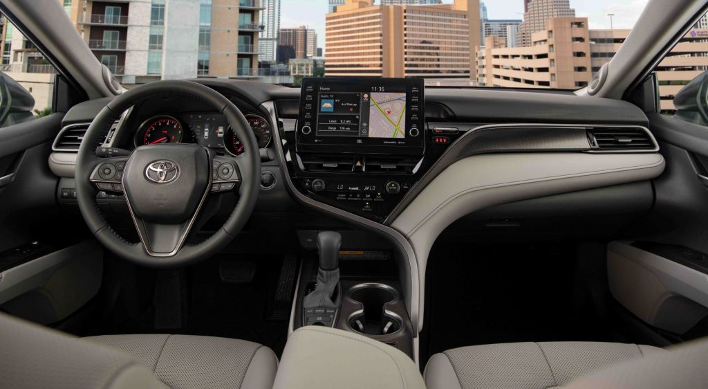 Dashboard and front seats in a fully loaded new 2022 Toyota Camry XSE V6