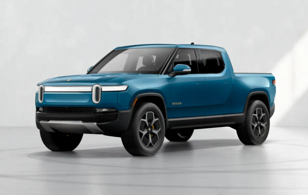 Diver's side front angle view of Rivian Blue 2022 Rivian R1T Adventure Package