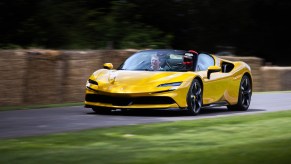 A yellow Ferrari SF90 Spider at Goodwood Festival of Speed 2021 in Chichester, England