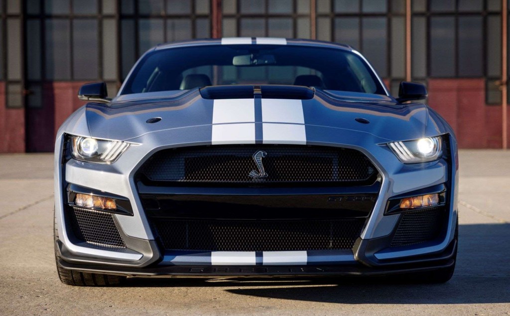 Front view of silver and white fully loaded 2022 Ford Mustang Shelby GT500