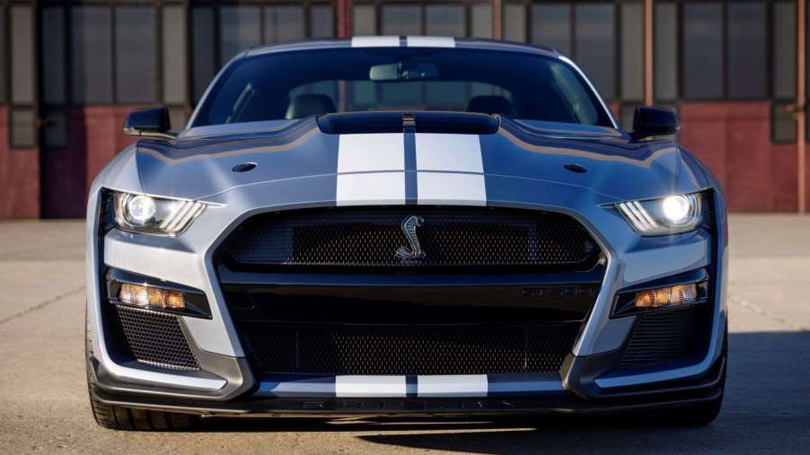 Front view of silver and white fully loaded 2022 Ford Mustang Shelby GT500