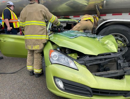 Driver Survives Tanker Landing On Top of Genesis Coupe with 8,500 Gallons of Fuel