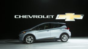 A silver 2022 Chevy Bolt is on display.